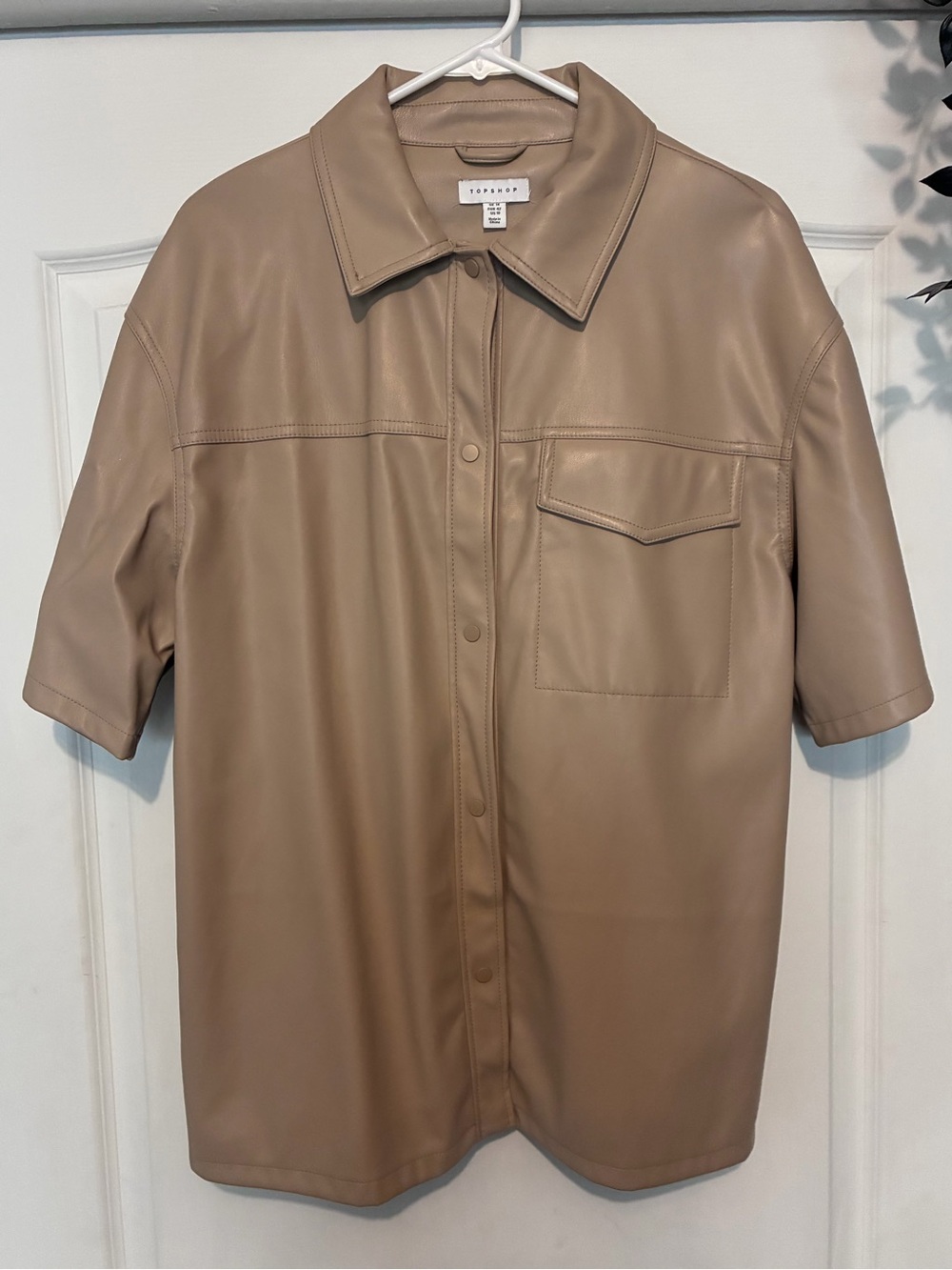 Topshop Men's Taupe Short-Sleeve Faux Leather Button-Up Shirt